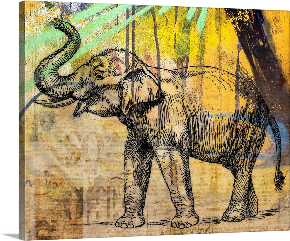 Colourful vintage effect mixed media Elephant print.