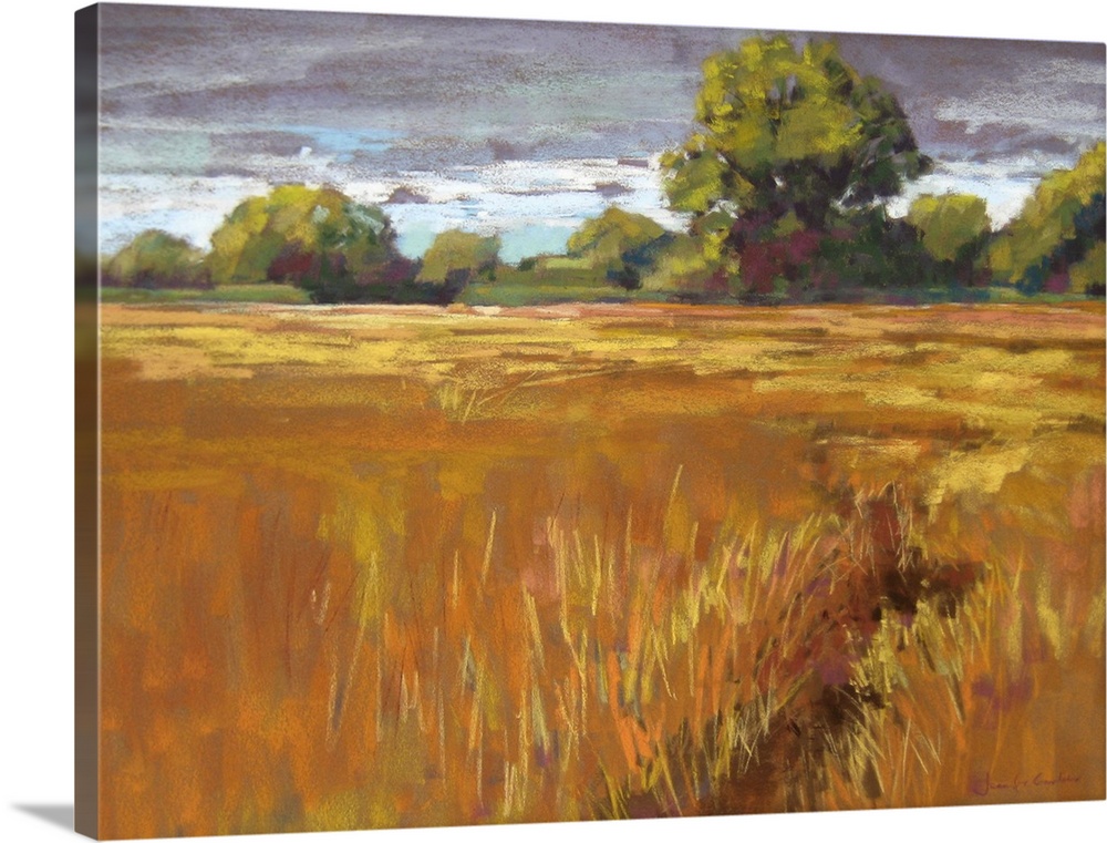 Contemporary painting of golden field of grass in the countryside.