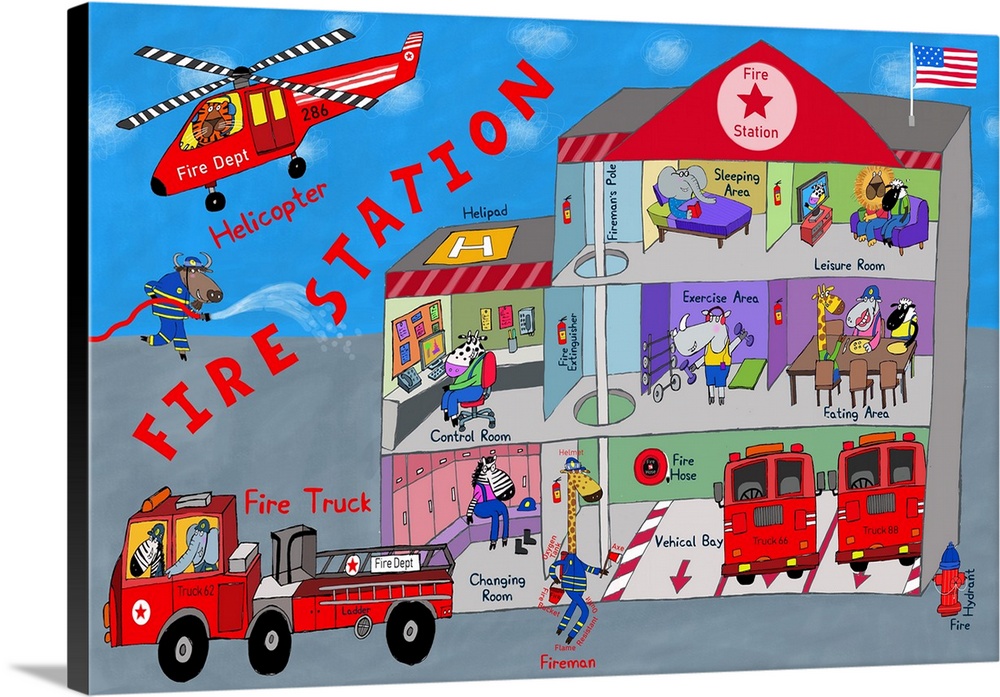 Illustration of fire station and firemen at work. Created by artist Carla Daly.