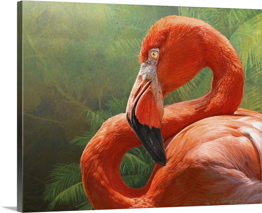 Contemporary artwork of a vibrant pink flamingo against a green leafy background.