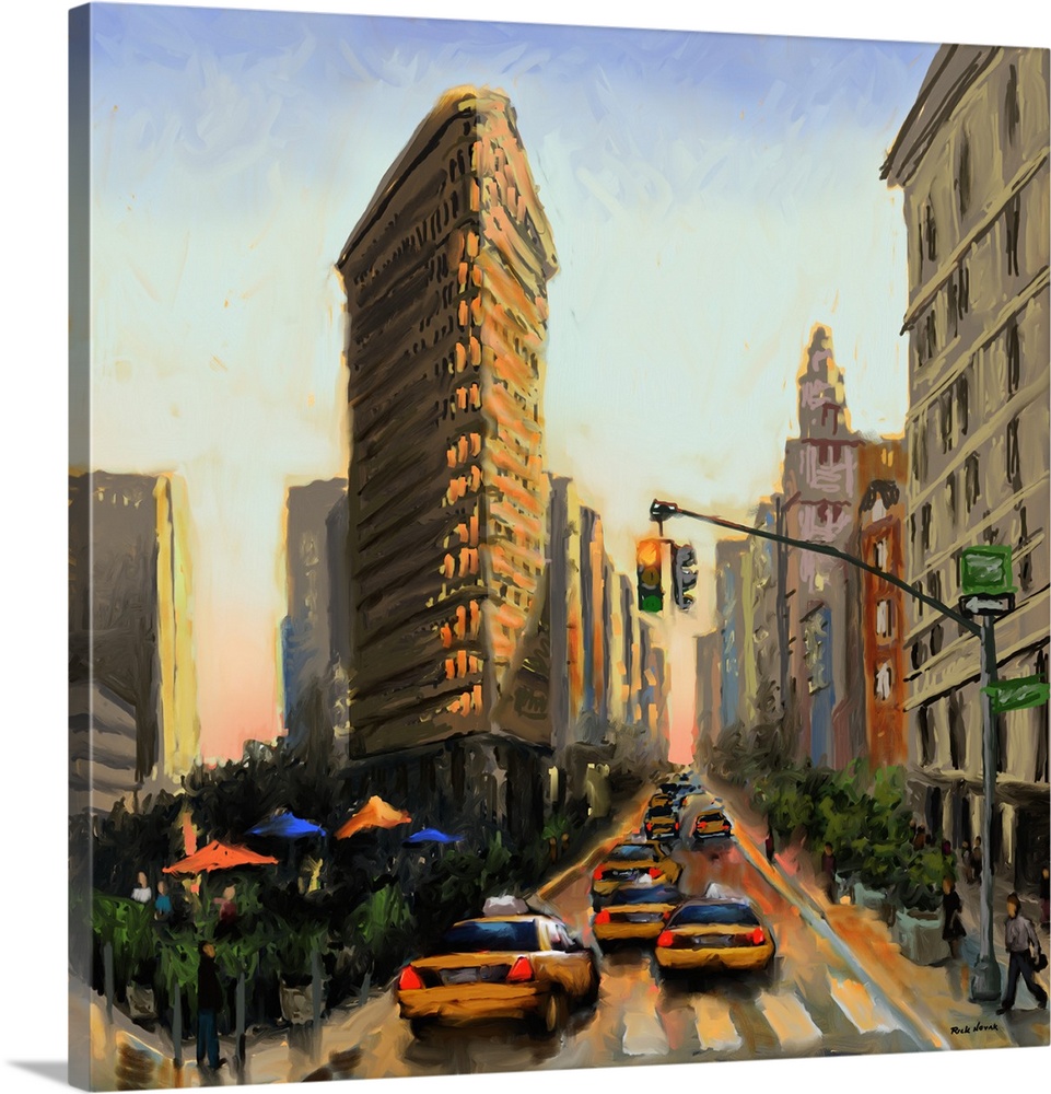 Contemporary painting of taxis in the street near the Flatiron Building in New York City.