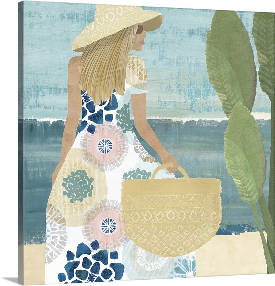 Abstract figurative painting of blonde woman in sunhat and boho dress on the beach.