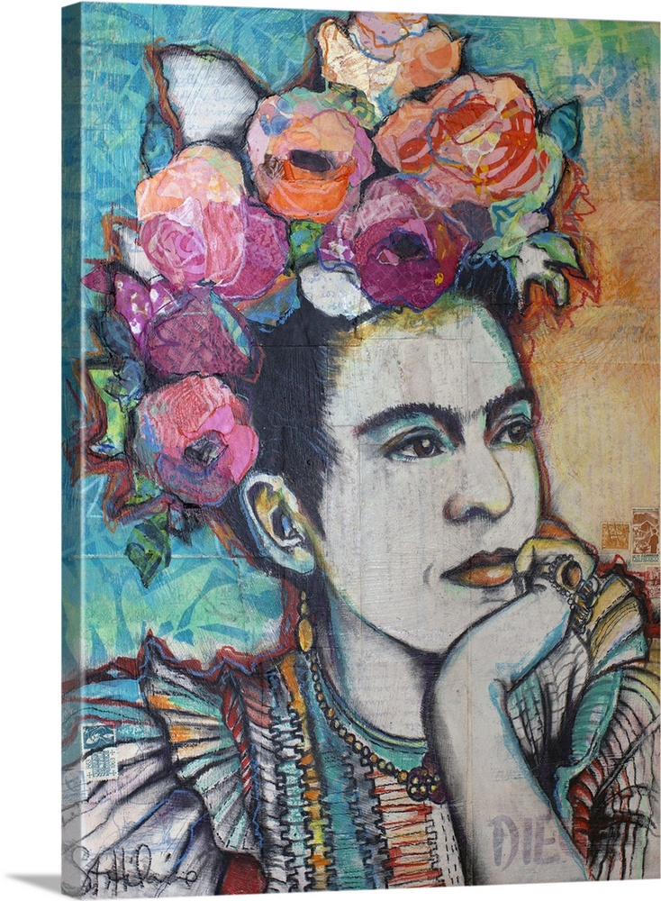 Frida Kahlo contemplating with side glance and floral headpiece in mixed media.