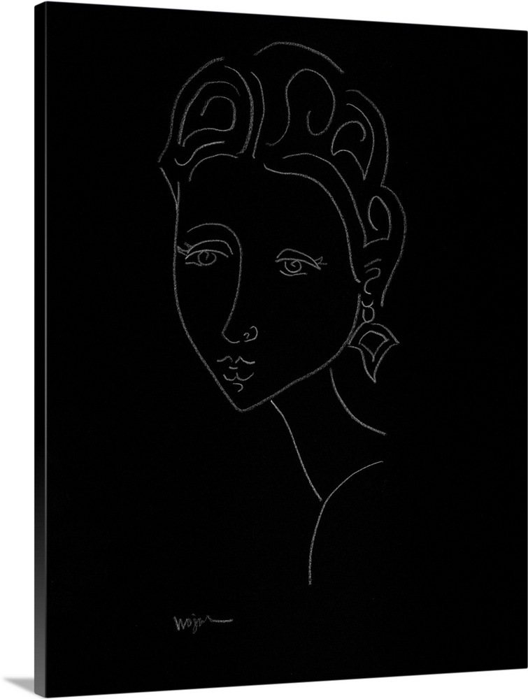 This Minimal line drawing was done in white pencil on black paper. Decorative styled lines comprise the womanos face, hair...