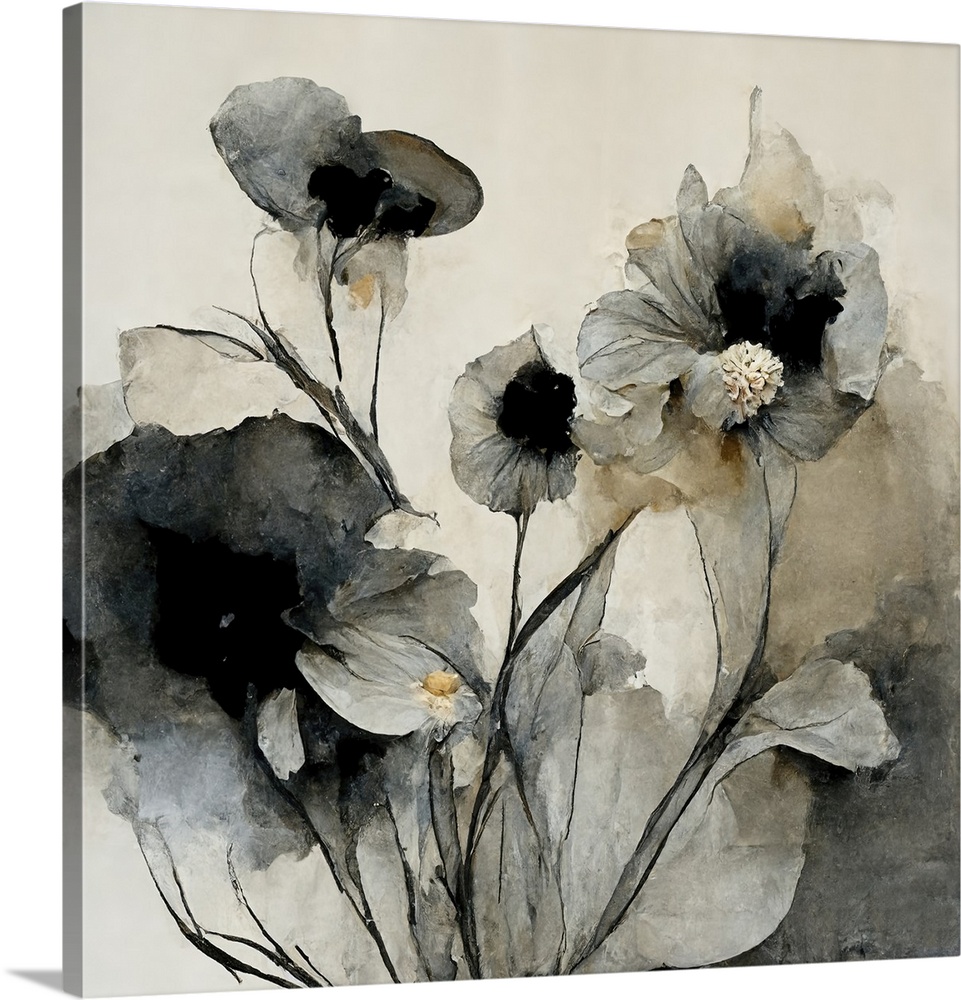 Gray and soft gold water color style abstract flowers