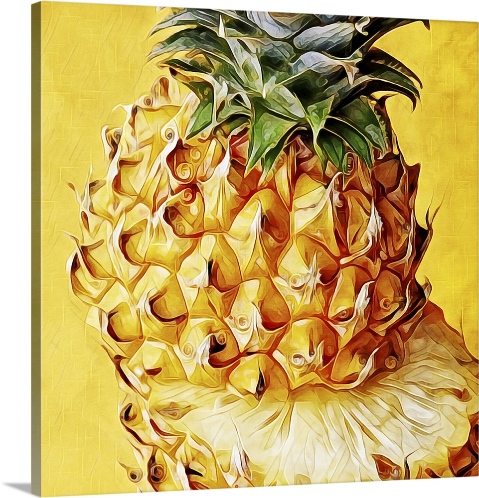 Digital fine art print of a golden pineapple, cut in half with the top piece sitting slightly off center on the bottom piece.