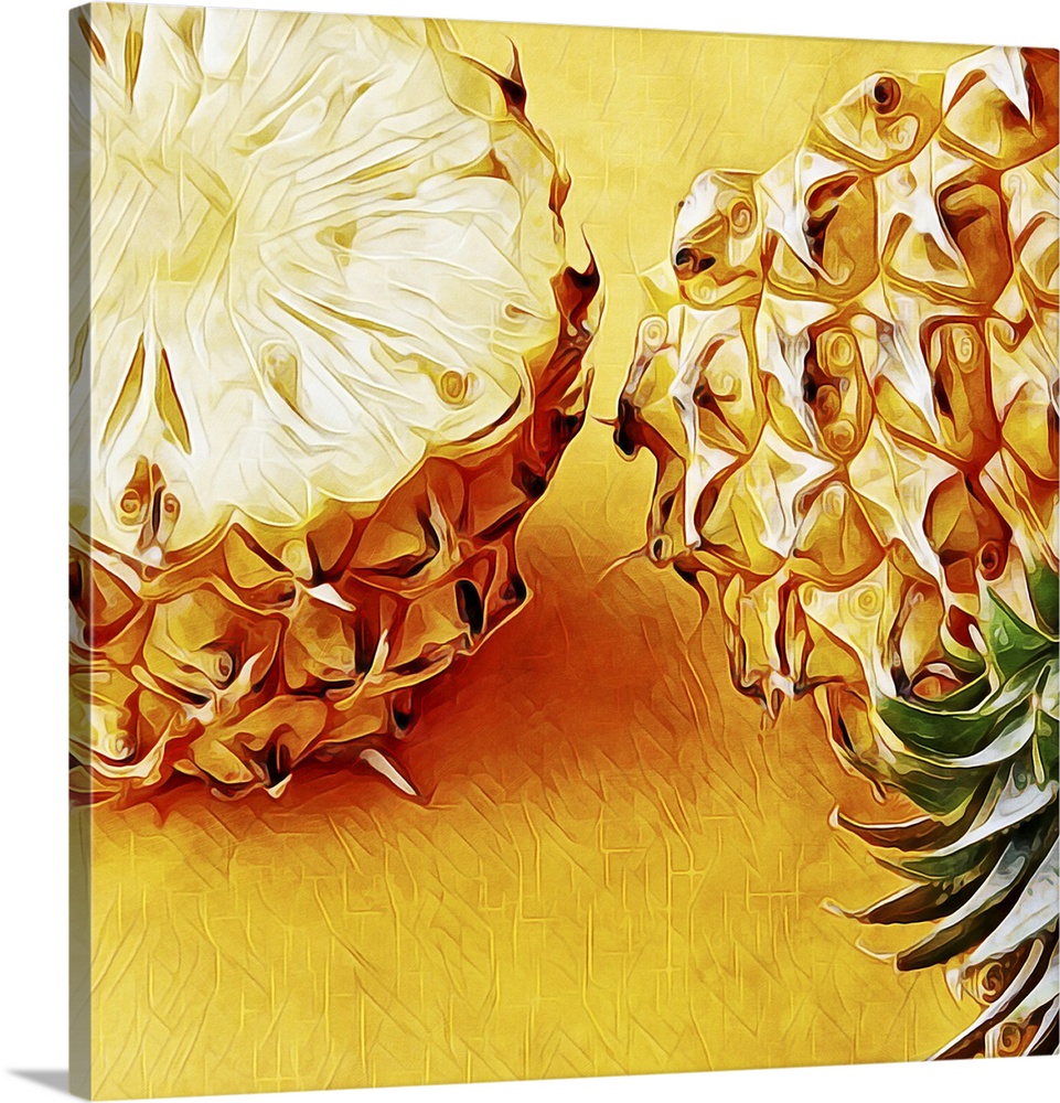 Digital fine art print of a golden pineapple, cut in half, top and bottom placed side by side.