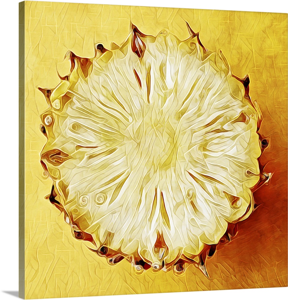 Digital fine art print of a golden pineapple, cut in half, bottom only.