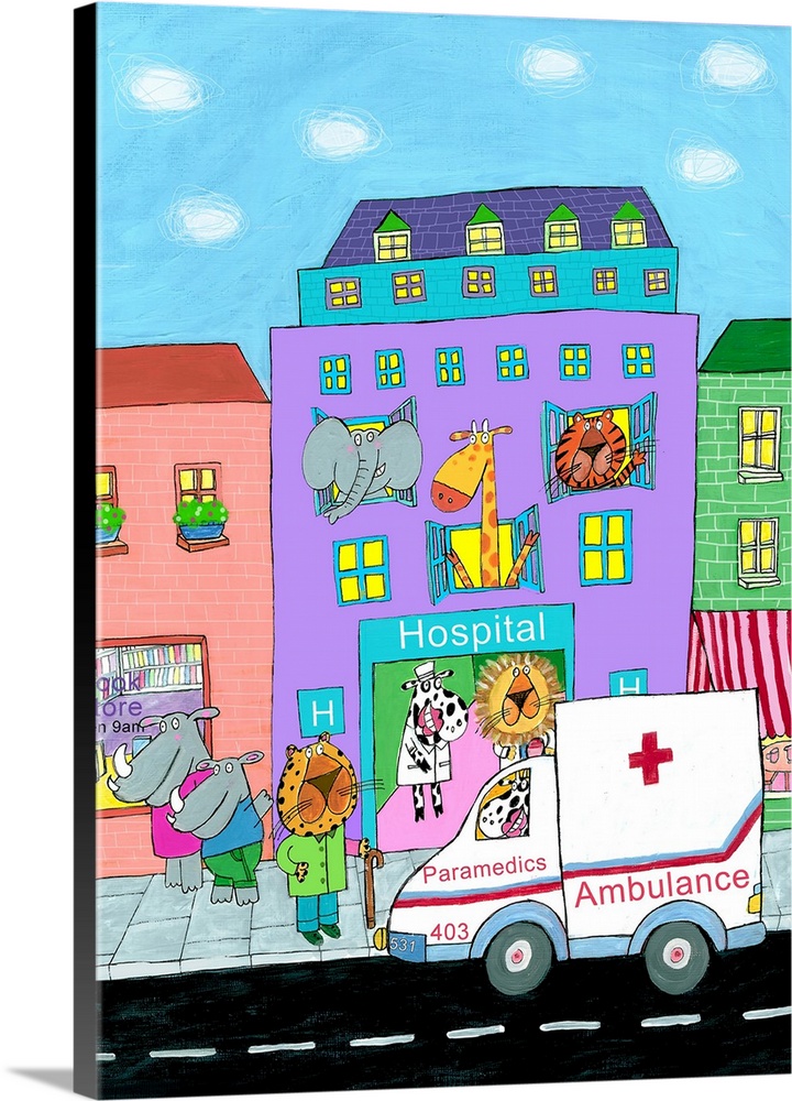 Illustrated wall art of hospital. Created by illustrator Carla Daly.