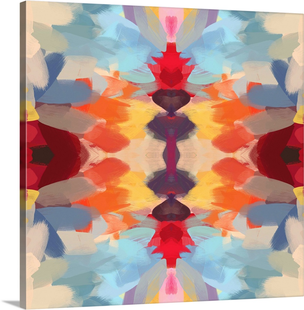Kaleidoscopic abstract pattern in shades of red, orange, and blue.