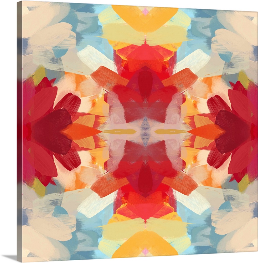 Kaleidoscopic abstract pattern in shades of red, orange, and blue.