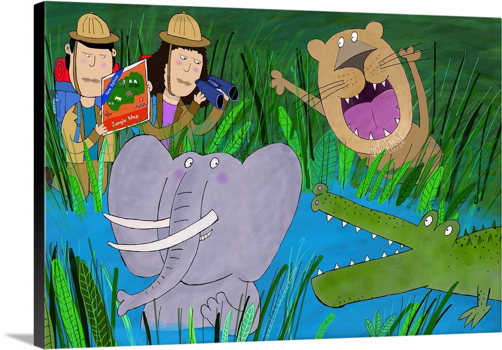 Animal in the swamp as jungle explorers look on. Illustrated by children's artist Carla Daly.