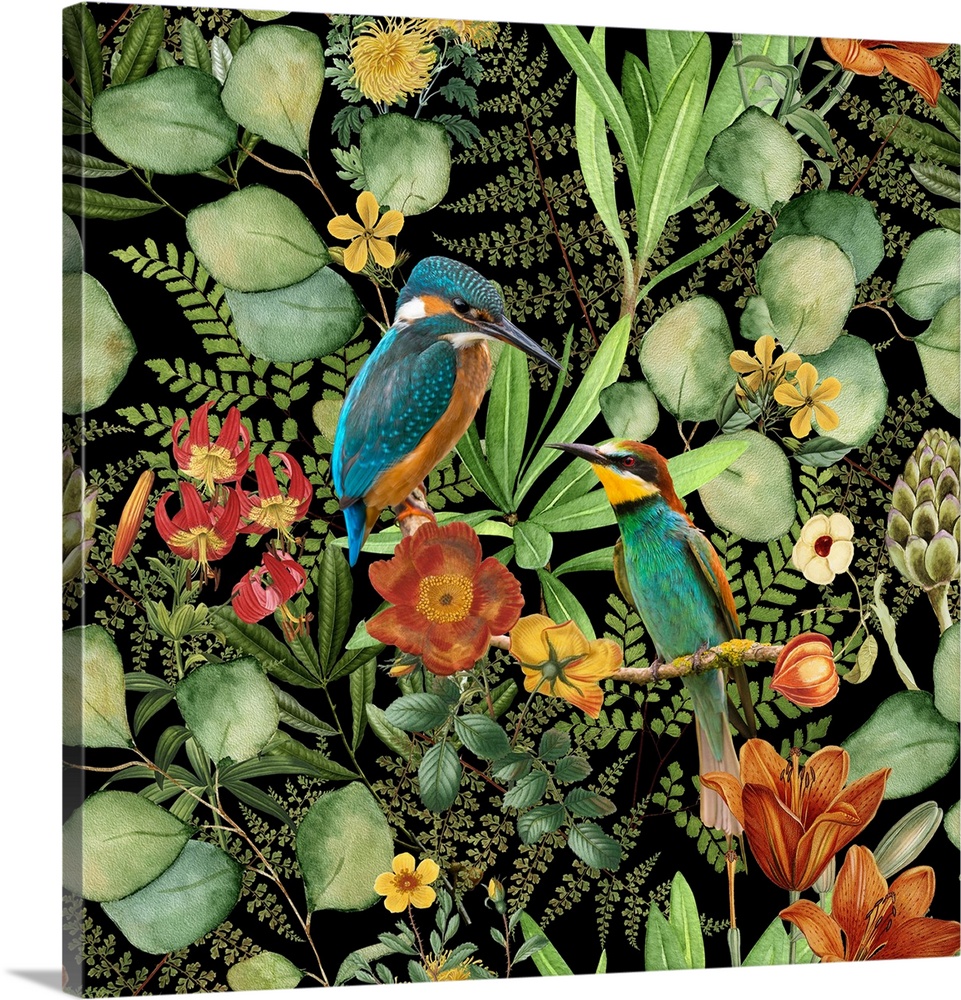 Mixed media art kingfisher bird surrounded by lush vegetation and flowers.