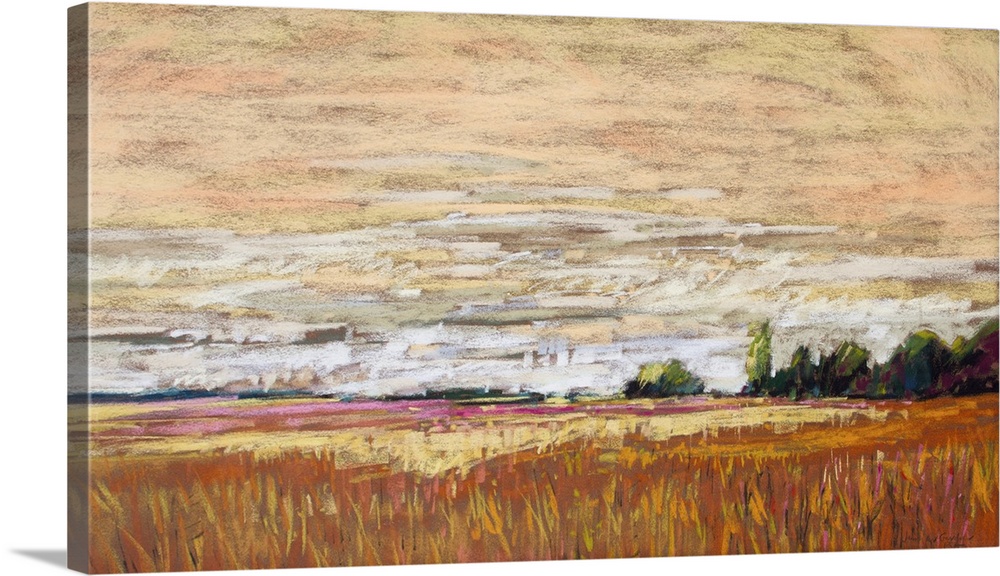 Pastel landscape painting of pastoral countryside with trees, fields and clouds.
