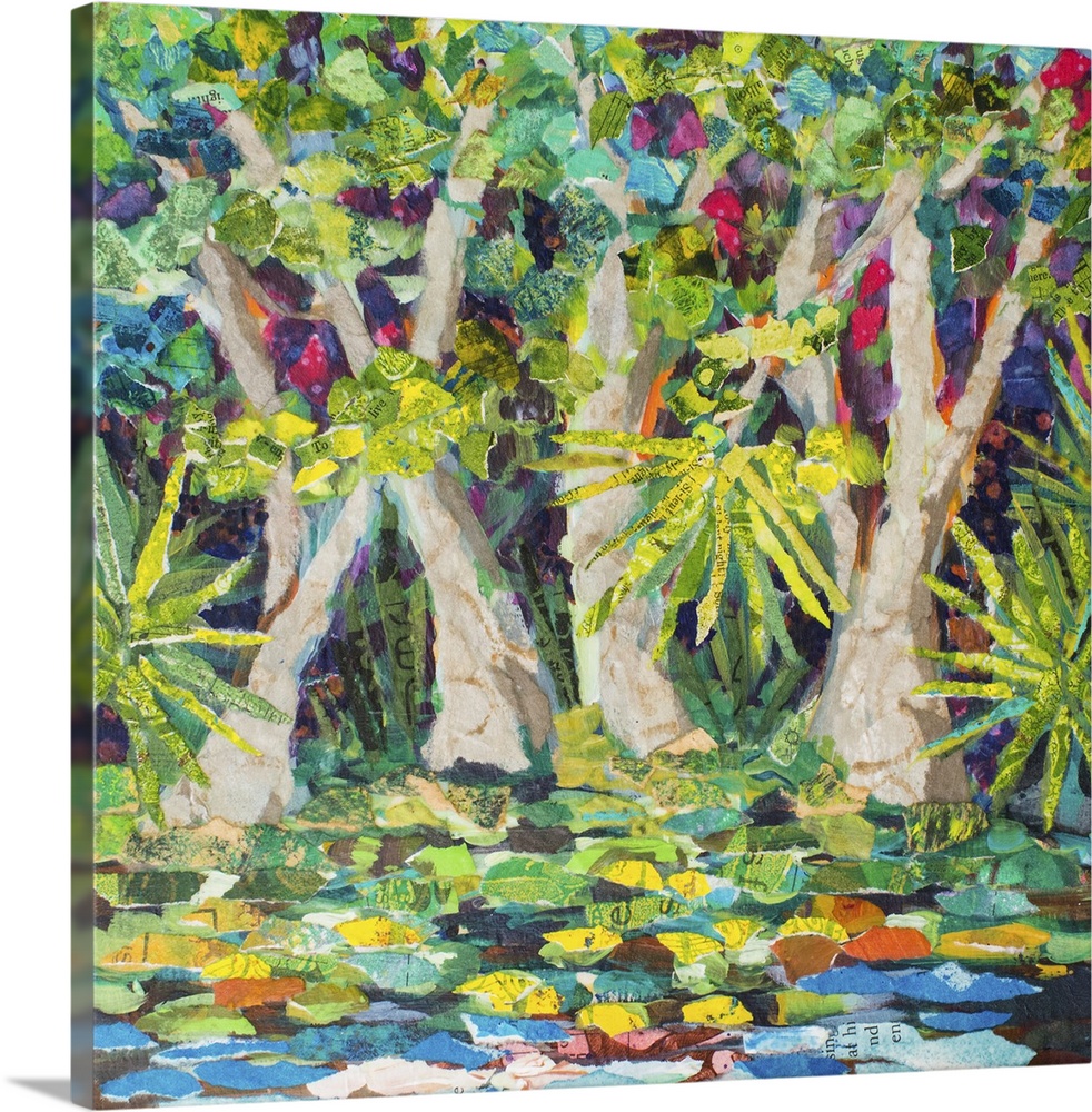 Bright contemporary art of tropical trees along the Wekiva River in Florida, with colorful leaves and flowers.