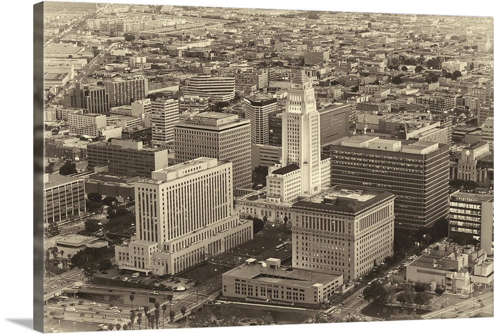 Los Angeles City Hall Aerial II Vintage Solid-Faced Canvas Print