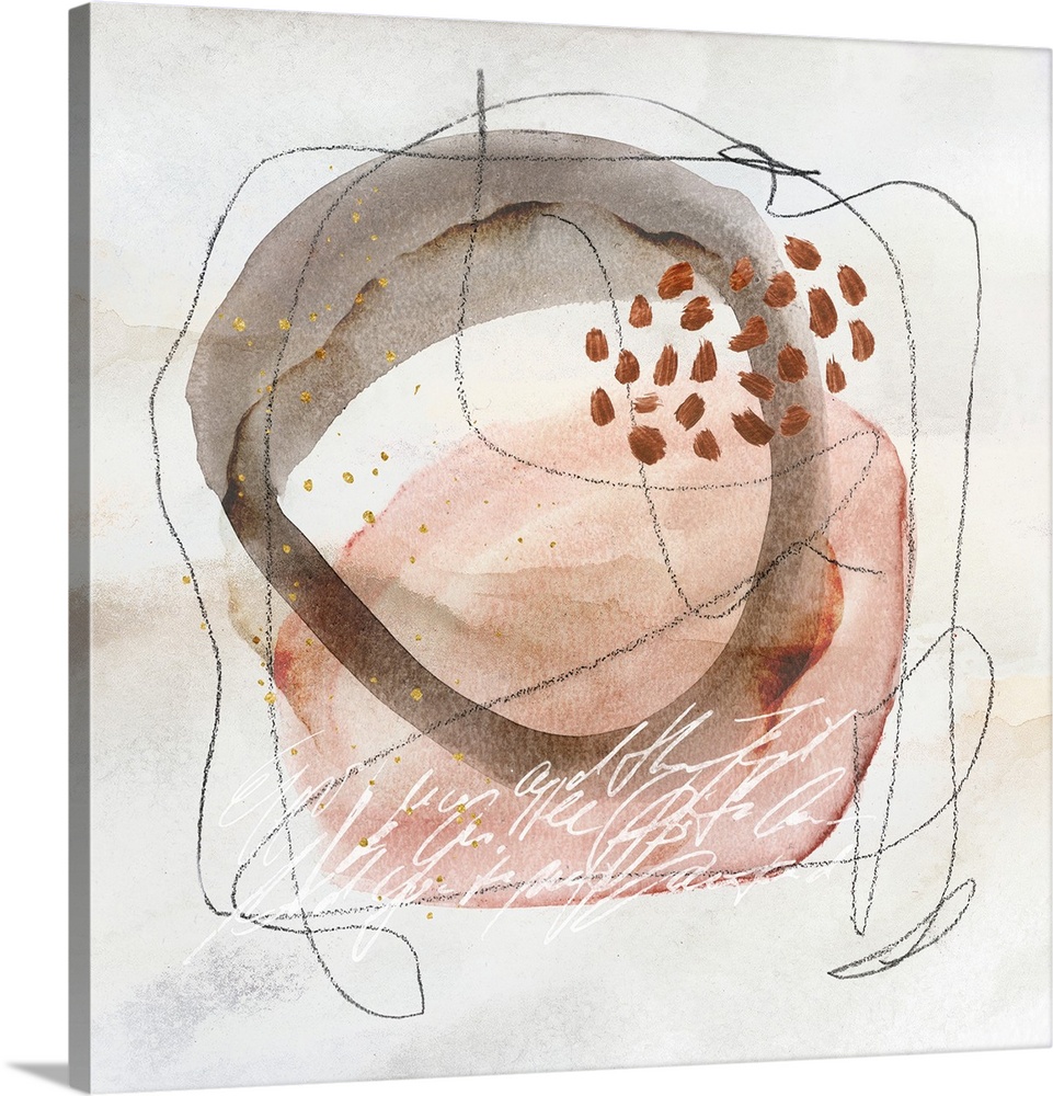 Mixed media watercolor abstract art with handwriting, shapes, and lines in soft pastel neutral colors with some gold.