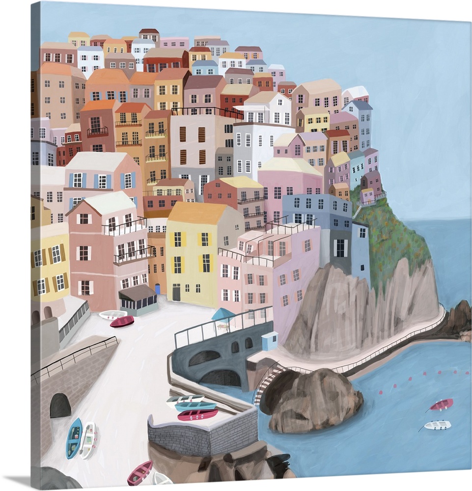 Manarola Italy, italian village by the sea. Illustrated by artist Carla Daly.