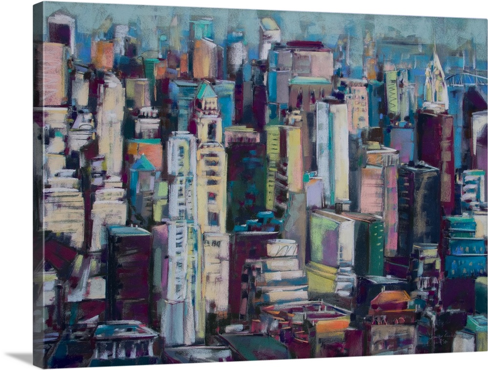 Contemporary artwork of the Manhattan city skyline packed with skyscrapers of varying heights.
