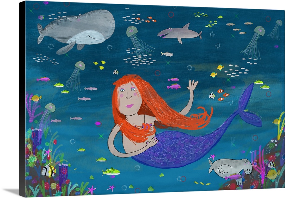 Underwater scene of mermaid, illustrated by illustrator Carla Daly