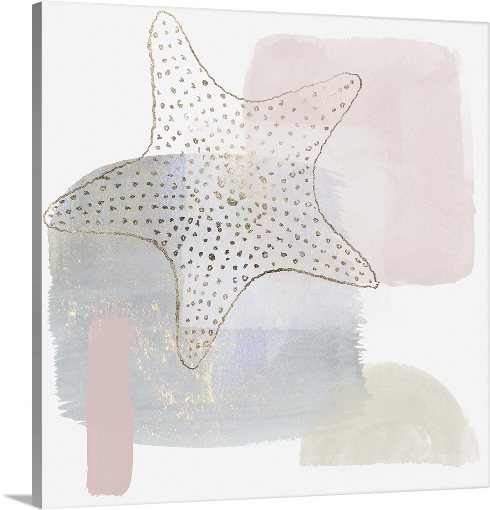 Watercolor abstract starfish print in soft pastel shades of rose gold, pewter silver, blue gray, dusty pink, and tan with ...