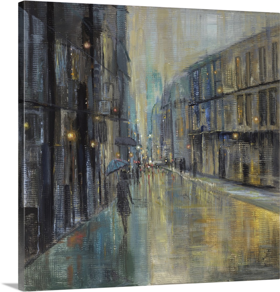 Contemporary painting of a woman walking in the rain on a quiet city street at night.