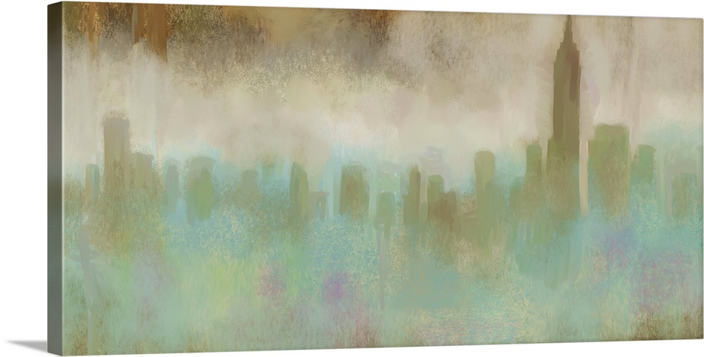 Contemporary painting of the New York City skyline in a soft blue and beige mist.