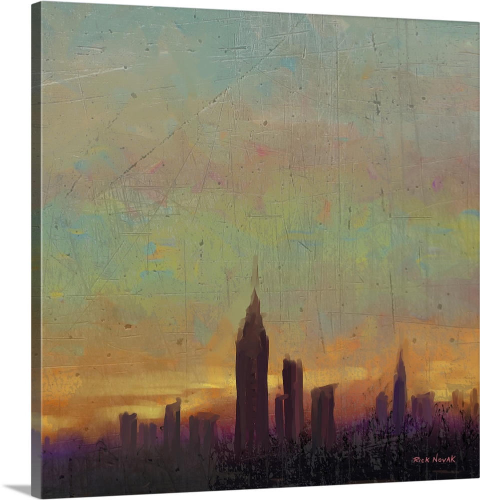 Contemporary painting of heavy fog over the New York City skyline in the morning.