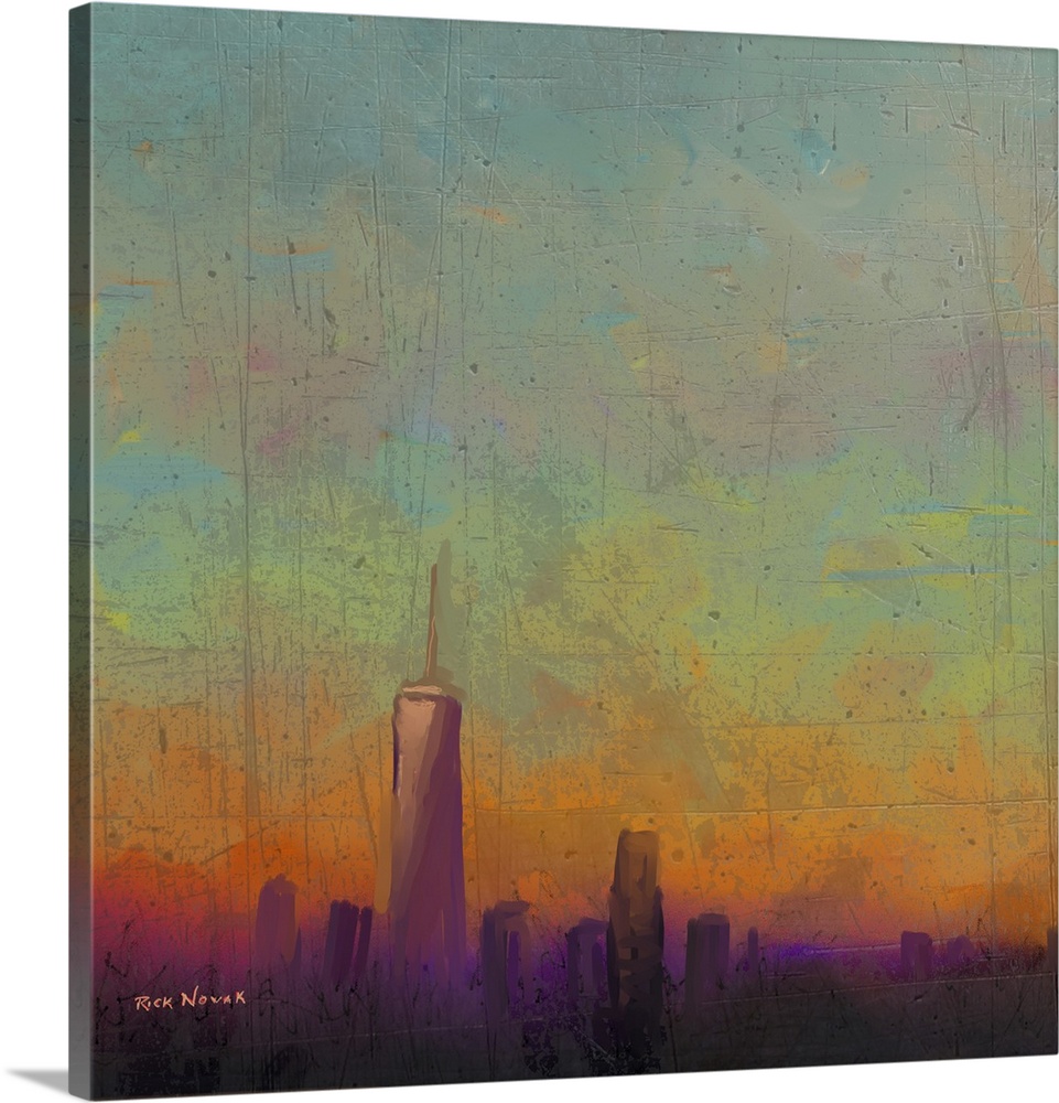 Contemporary painting of heavy fog over the New York City skyline in the morning, with the One World Trade Center building...