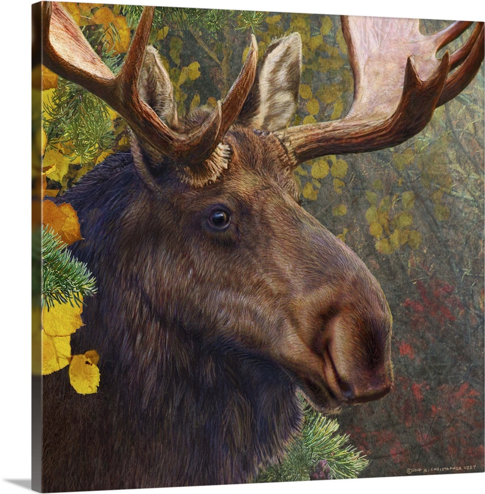 Contemporary artwork of a moose standing under cover of trees.