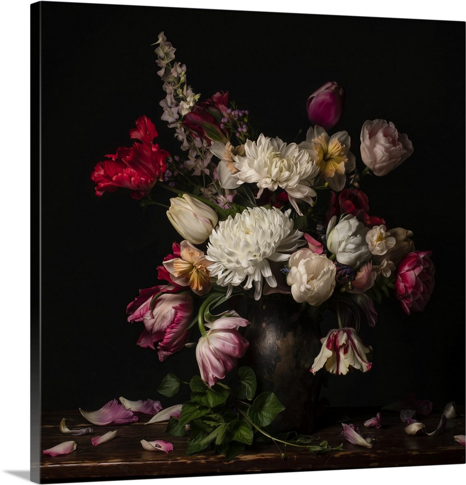 Spring blooms and a few white Mums arranged in a Dutch Master painterly style.