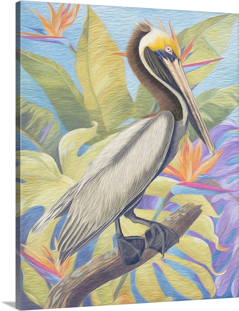 A painterly textured rendition of a vintage pelican on a branch with tropical vegitation in the background.