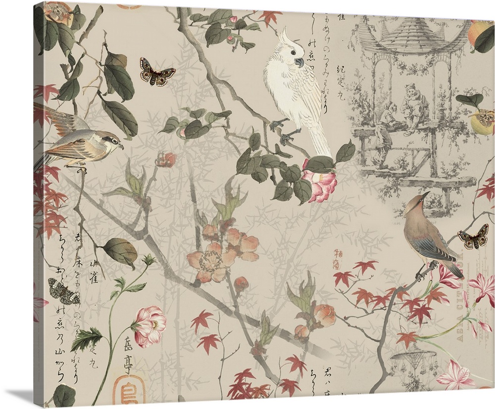 Illustration in vintage chinoiserie style with exotic birds and butterflies.