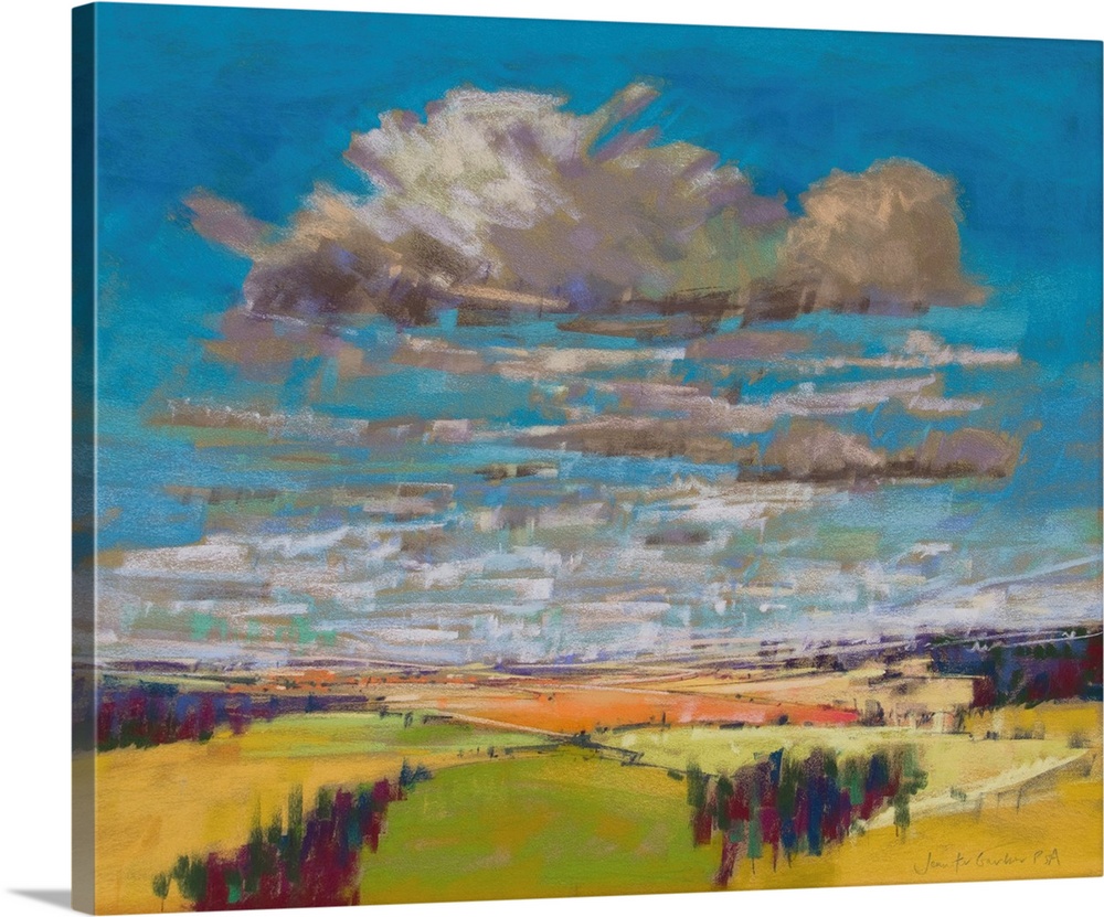 Pastel landscape painting of English countryside with trees, fields and clouds.
