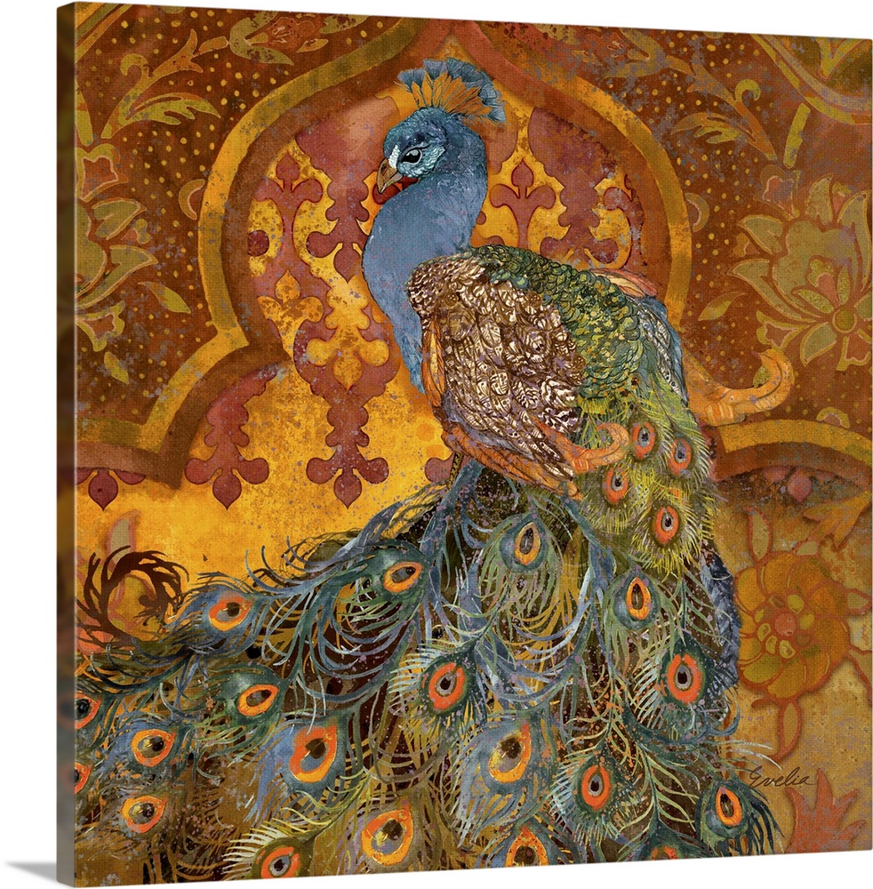 Vibrant contemporary artwork of a peacock against an ornate floral pattered background.