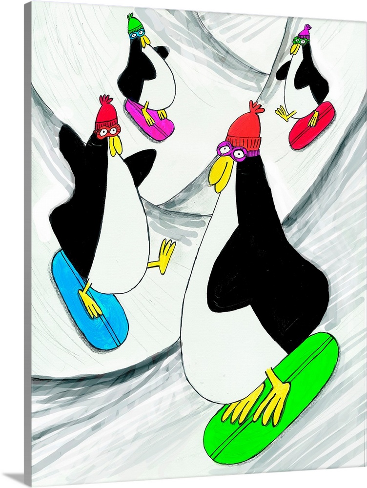 Penguins snowboarding down the hill. Illustrated wall art by artist Carla Daly.