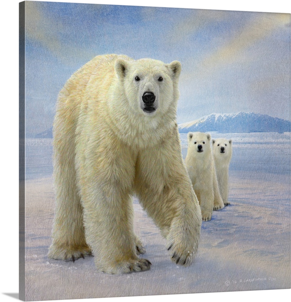 Contemporary artwork of a mother polar bear and her cubs in the arctic tundra.