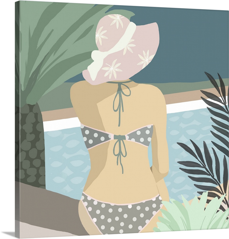 Woman in polka dot bikini sitting by a swimming pool with palm trees.
