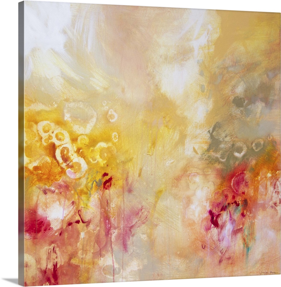 Contemporary abstract art, originally in acrylic, of flowing shades of yellow, pink, and red.