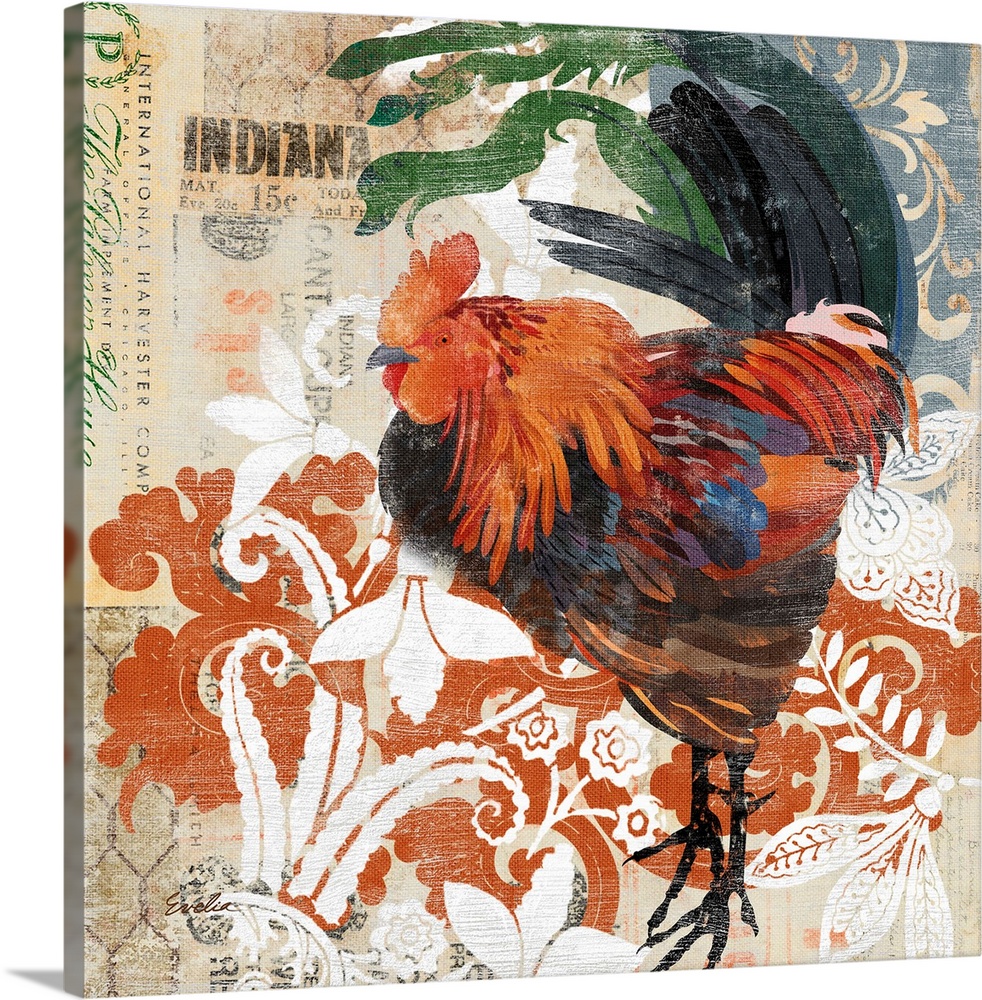 Painting of a rooster over floral elements and found letters.