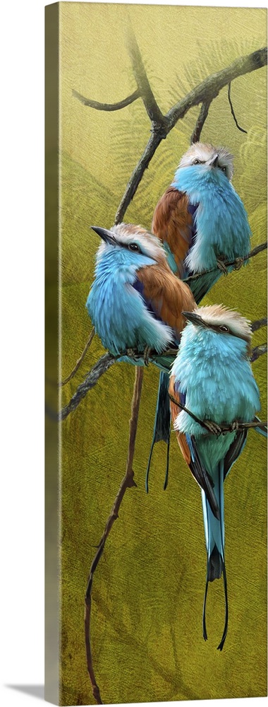 Contemporary artwork of a tree branch with three blue rollers perched on it.
