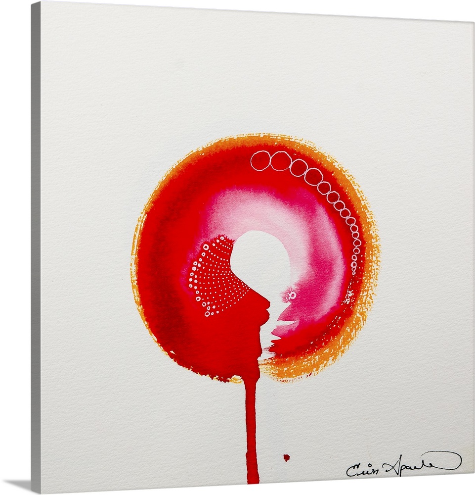 A bright orange, red and pink enso, or circle hangs suspended on the page. Or is is balanced on the column of its own drip...