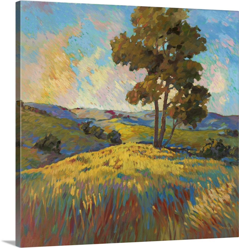 Contemporary landscape painting of a tree standing over a field at sunset.