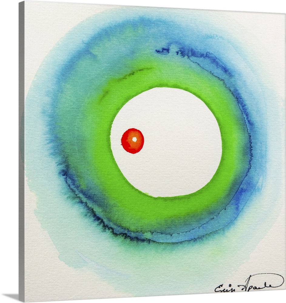 A small red circle appears to float cradled in the center of a soft green and blue wash of color.