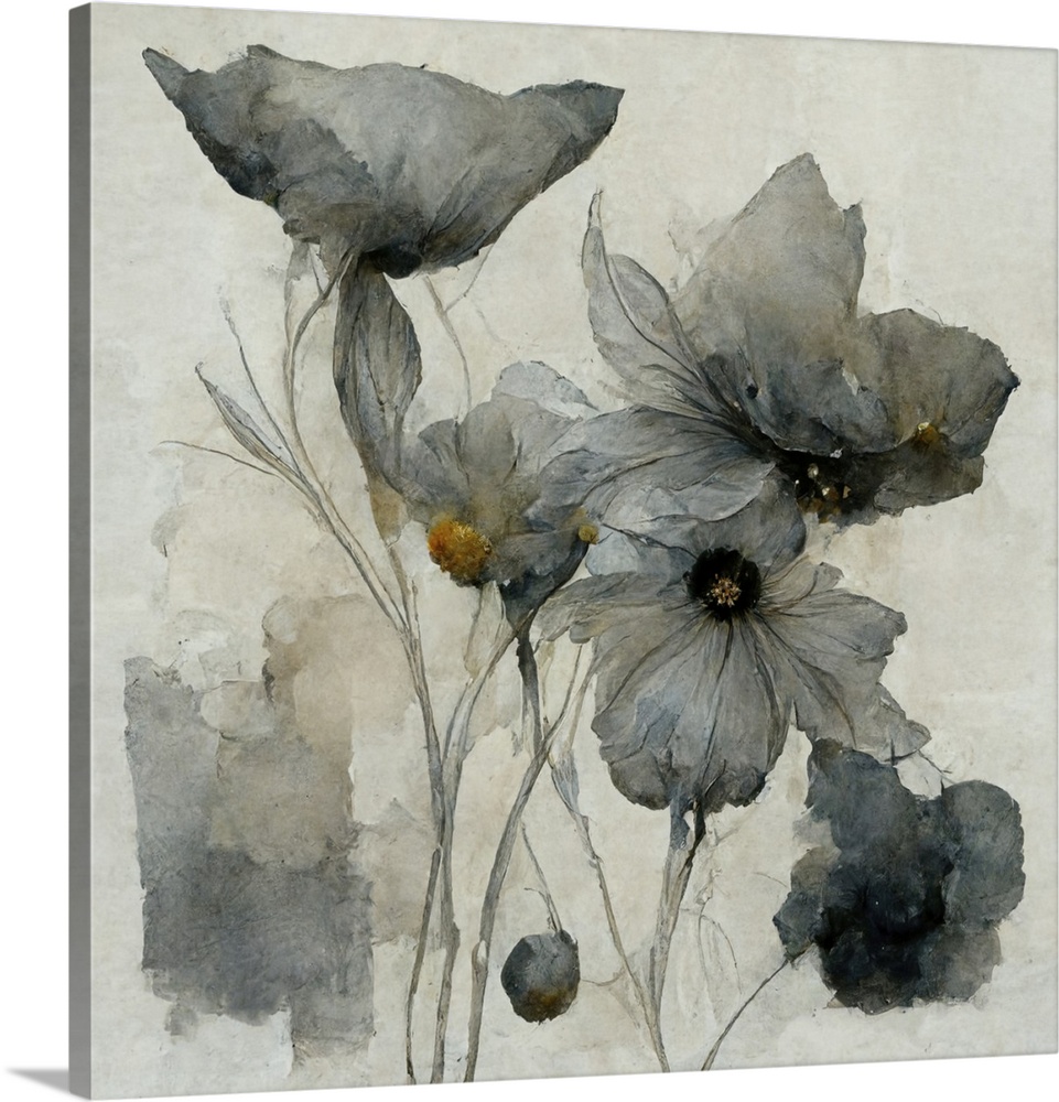 Gray, blue and gold abstract florals in watercolor.