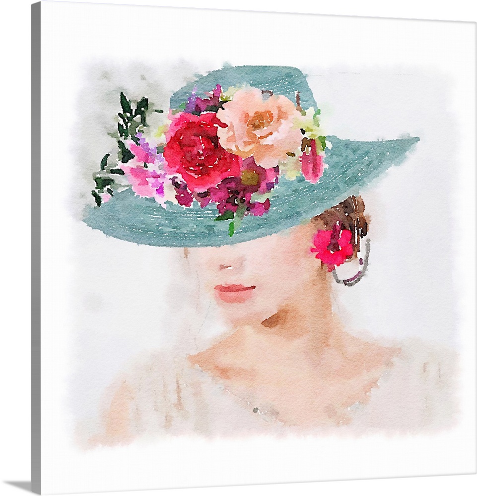 Watercolor portrait of a woman wearing a blue hat decorated with flowers on the brim.