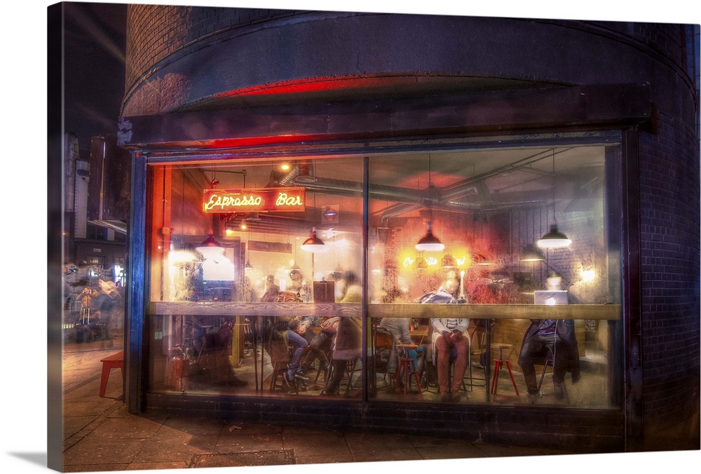 HDR photograph of the steamy windows of a coffee shop.