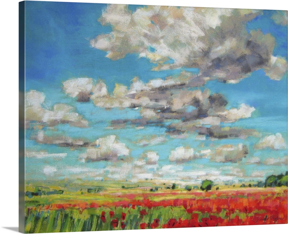 Hovering clouds and an endless field of poppies hanging on a wall gives any room depth and vibrancy.