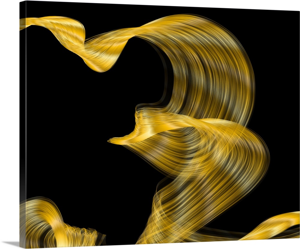 Abstract artwork created by spiraling, swirling lines leaving behind golden trails.