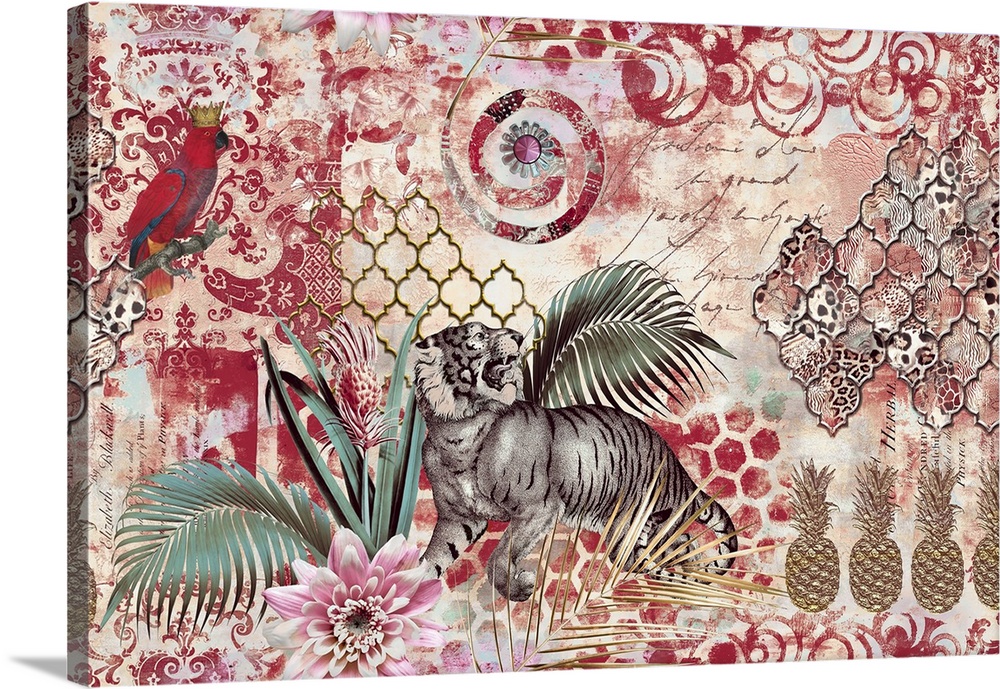 Retro style mixed media art with tiger, parrot, tropical plants, and ornaments.